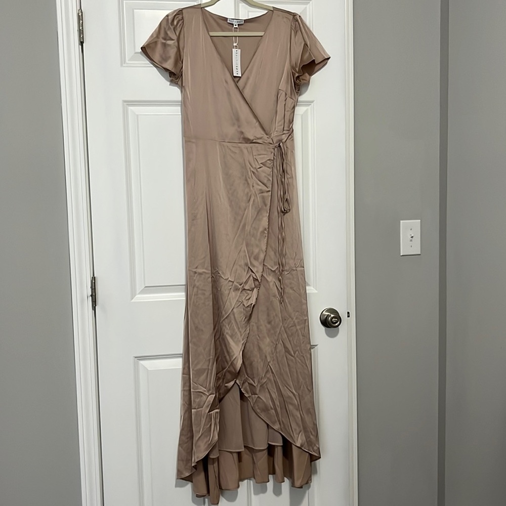 Baltic Born champagne nude satin wrap maxi dress